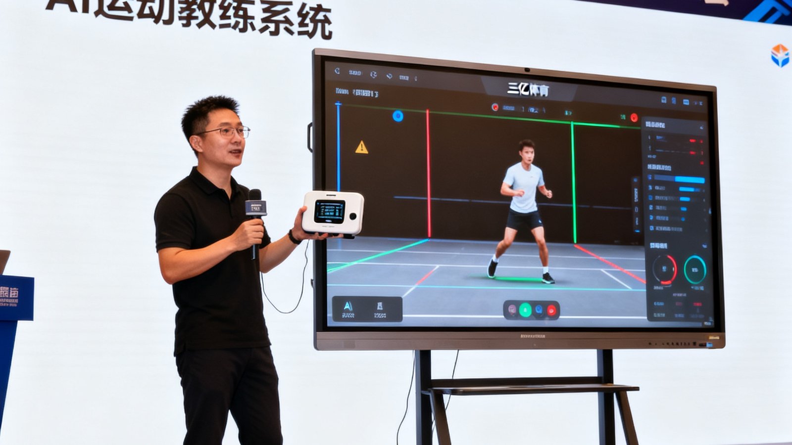 2025年体育科技峰会现场，三亿体育CEO张磊在台上展示新一代AI运动教练系统的实时动作捕捉功能