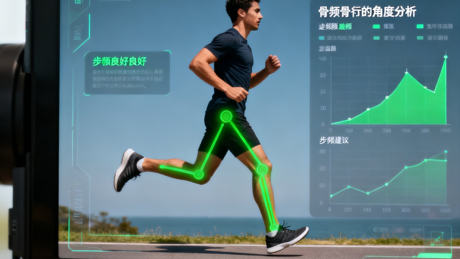 AI运动训练助手系统界面，摄像头捕捉到跑步者的侧面姿态，屏幕显示关节角度分析和步频建议，绿色标记表示姿态良好区域