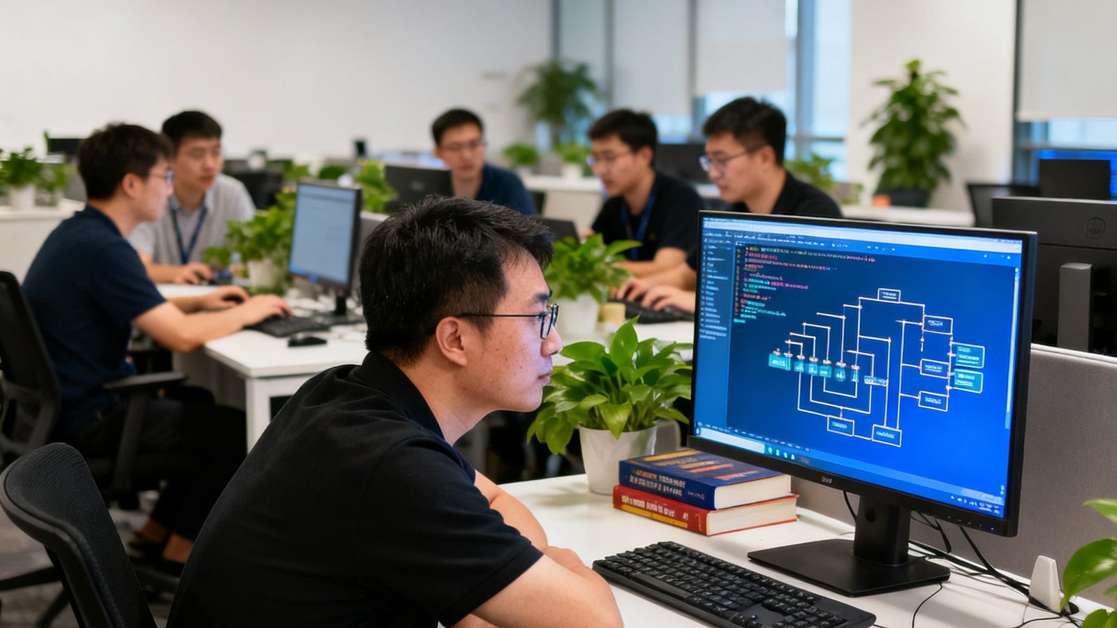 三亿体育CTO林振宇在研发中心工作的场景，他正专注于屏幕上的代码架构图，背景是开放式办公区的技术团队
